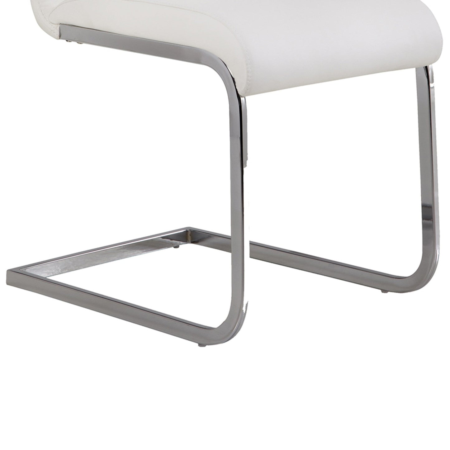 Benzara Silver Metal Cantilever Base Dining Chair With White Leatherette Upholstered Seat and Backrest Set of Two