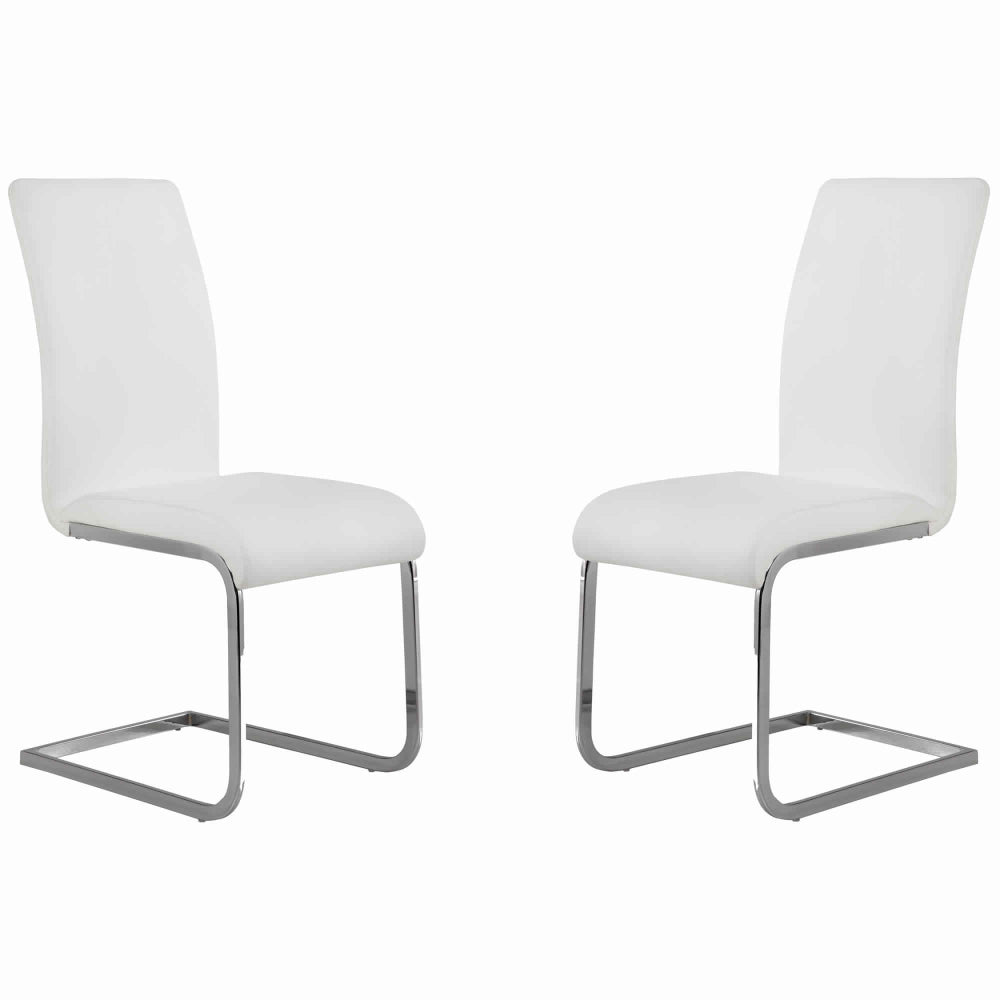 Benzara Silver Metal Cantilever Base Dining Chair With White Leatherette Upholstered Seat and Backrest Set of Two