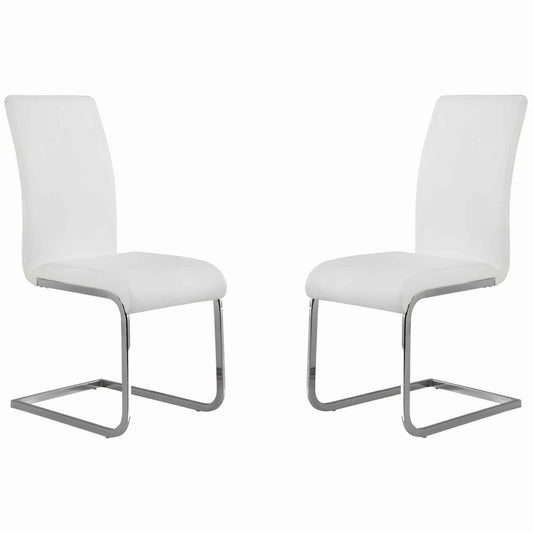 Benzara Silver Metal Cantilever Base Dining Chair With White Leatherette Upholstered Seat and Backrest Set of Two