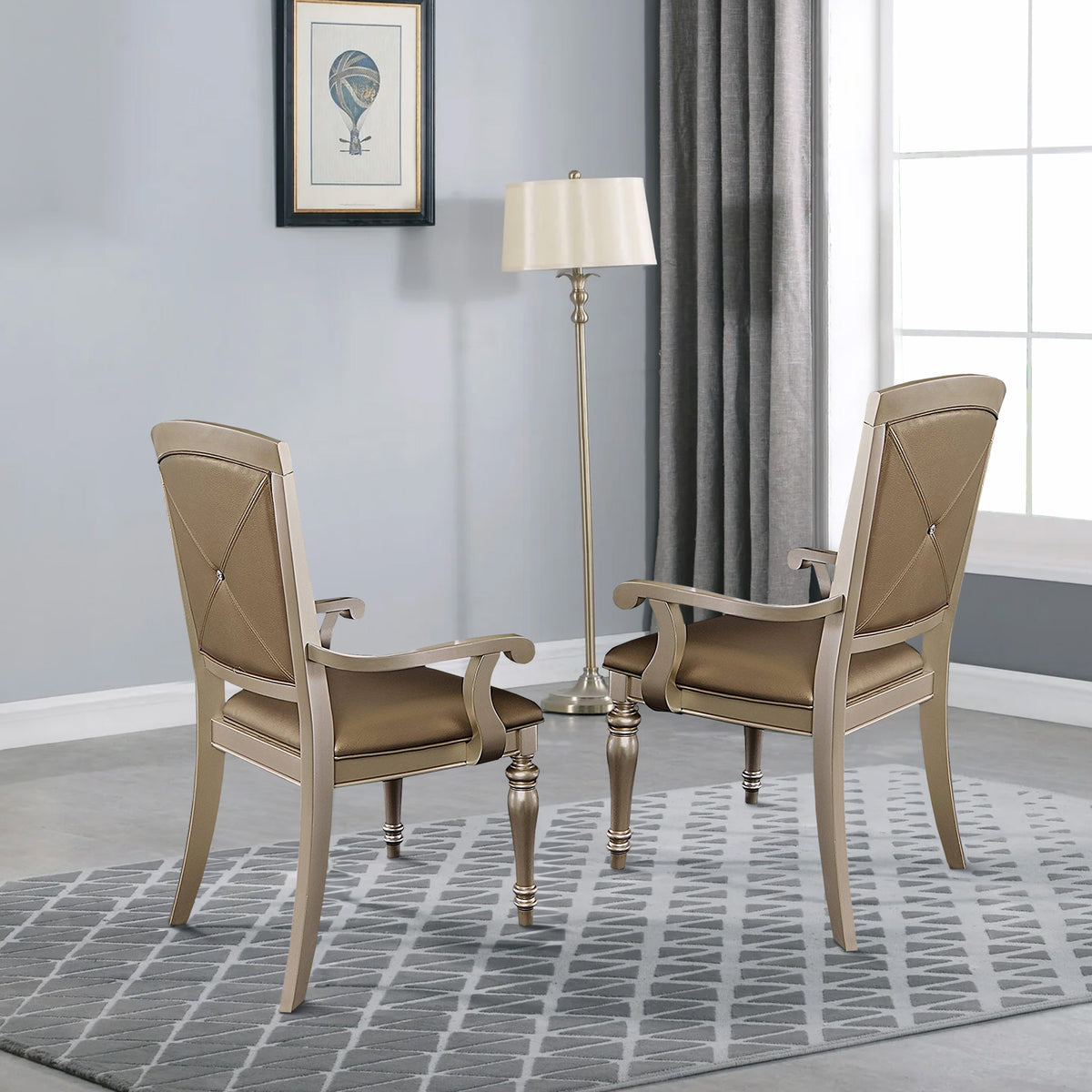 Benzara Silver Wood Dining Side Arm Chair With Crystal Tufting and Upholstered Leather Set of Two