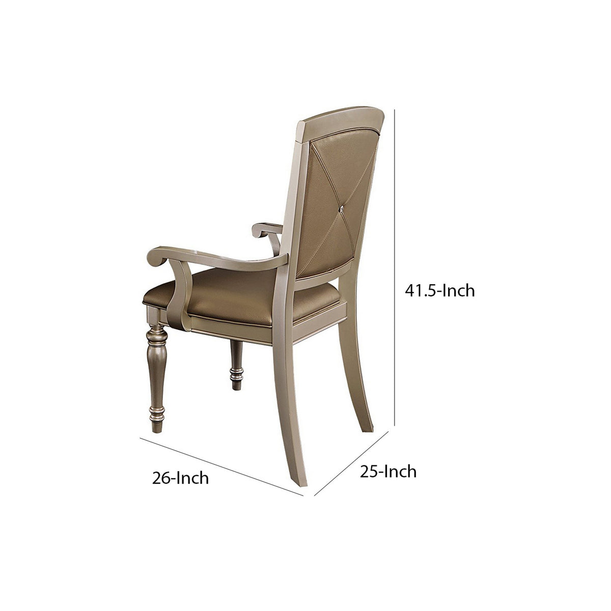 Benzara Silver Wood Dining Side Arm Chair With Crystal Tufting and Upholstered Leather Set of Two