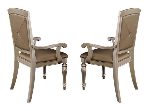 Benzara Silver Wood Dining Side Arm Chair With Crystal Tufting and Upholstered Leather Set of Two