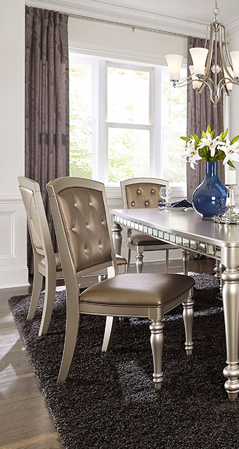 Benzara Silver Wood Dining Side Chair With Crystal Tufting and Upholstered Leather Set of Two