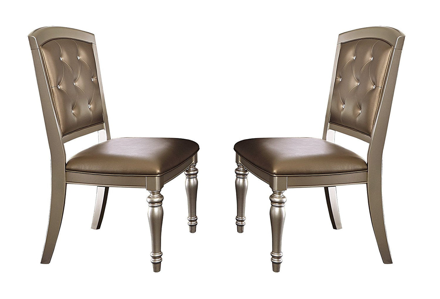 Benzara Silver Wood Dining Side Chair With Crystal Tufting and Upholstered Leather Set of Two