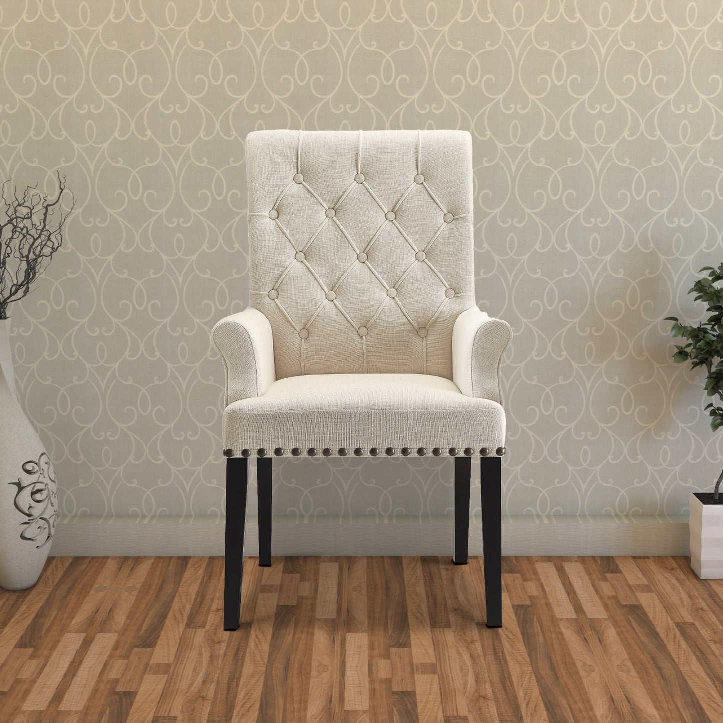 Benzara Smokey Black Dining Chair With Cream Diamond Tufted Upholstery