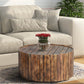 Benzara UPT-204785 34" Burned Brown Handmade Wooden Round Coffee Table With Plank Design