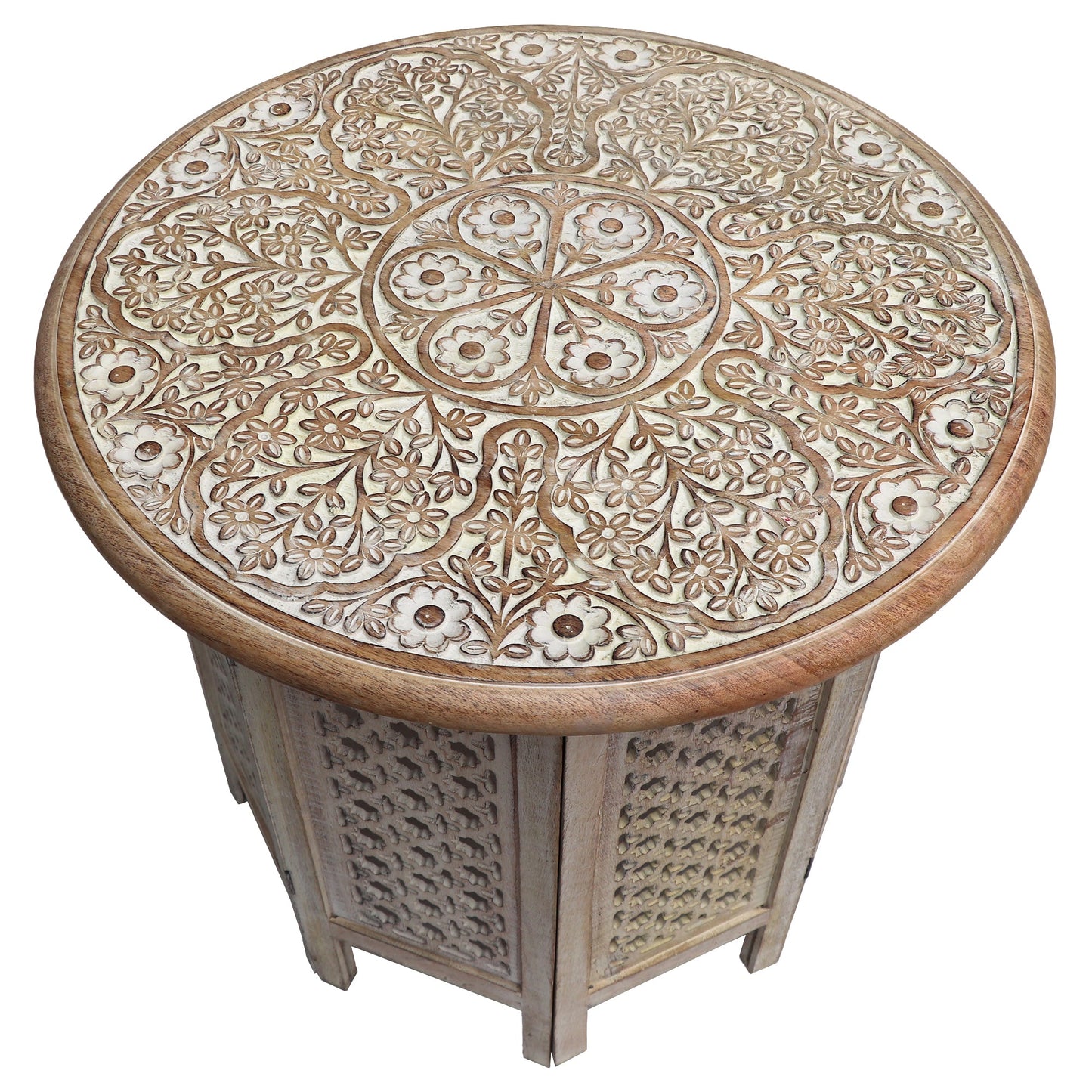 Benzara UPT-209568 Antique White and Brown Mesh Cut Out Carved Mango Wood Octagonal Folding Table With Round Top