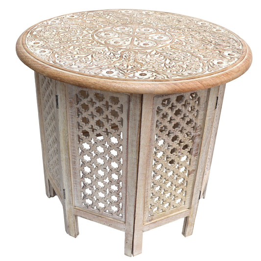 Benzara UPT-209568 Antique White and Brown Mesh Cut Out Carved Mango Wood Octagonal Folding Table With Round Top