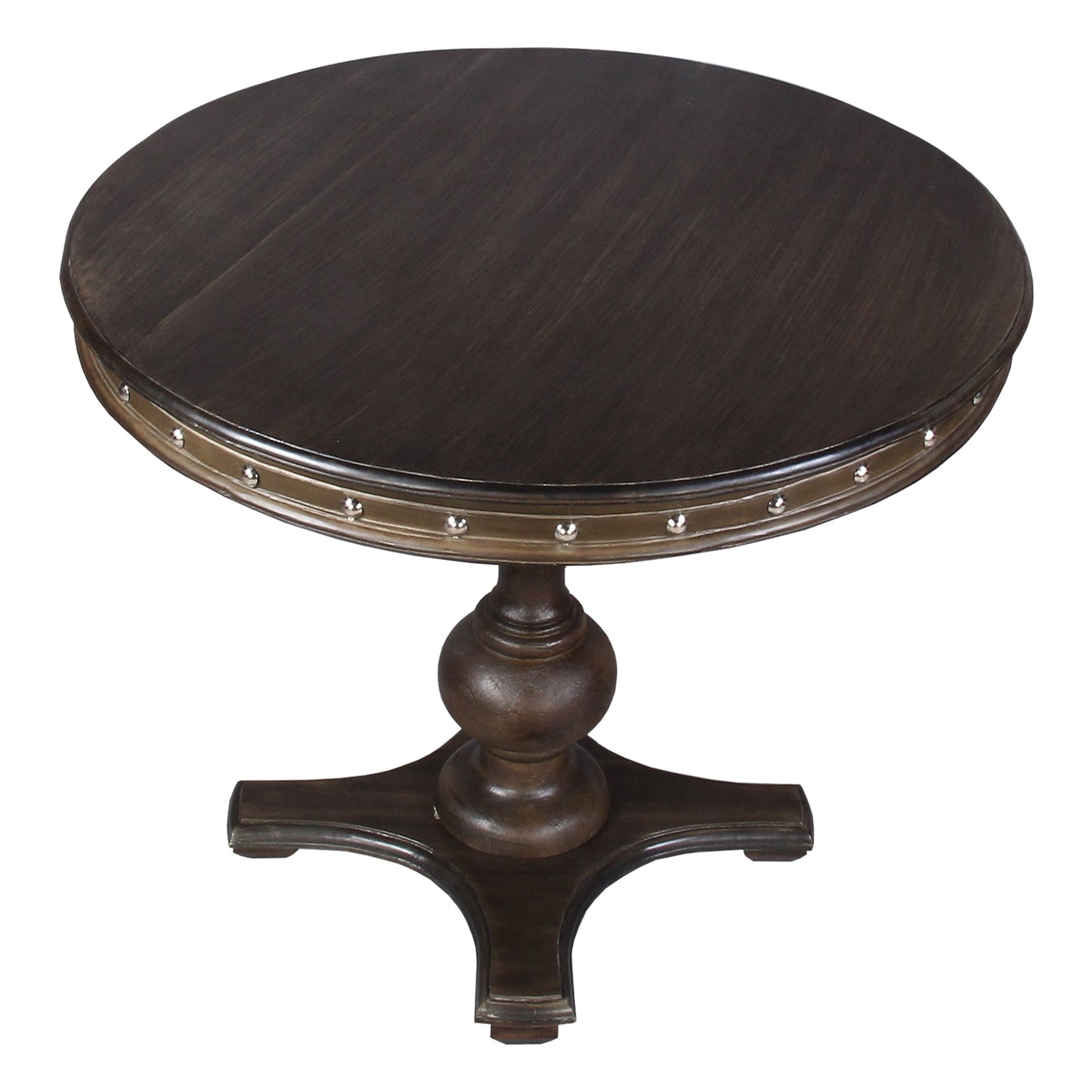 Benzara UPT-215752 42 Inch Handcrafted Round Mango Wood Dining Table, Subtle Rivet Accents, Turned Pedestal Base, Dark Brown