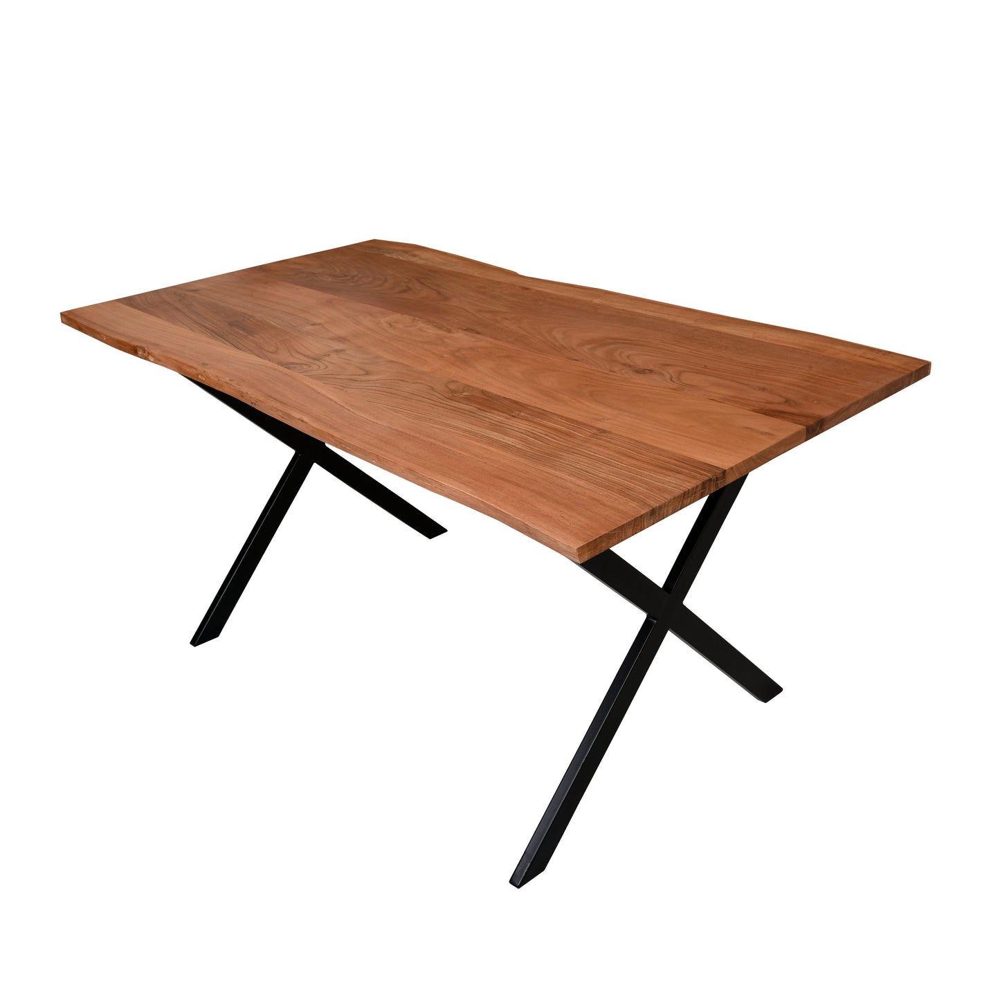 Benzara UPT-231470 Byron 63 Inch Handcrafted Live Edge Acacia Wood Dining Table, X Shaped Metal Legs, Brown and Black