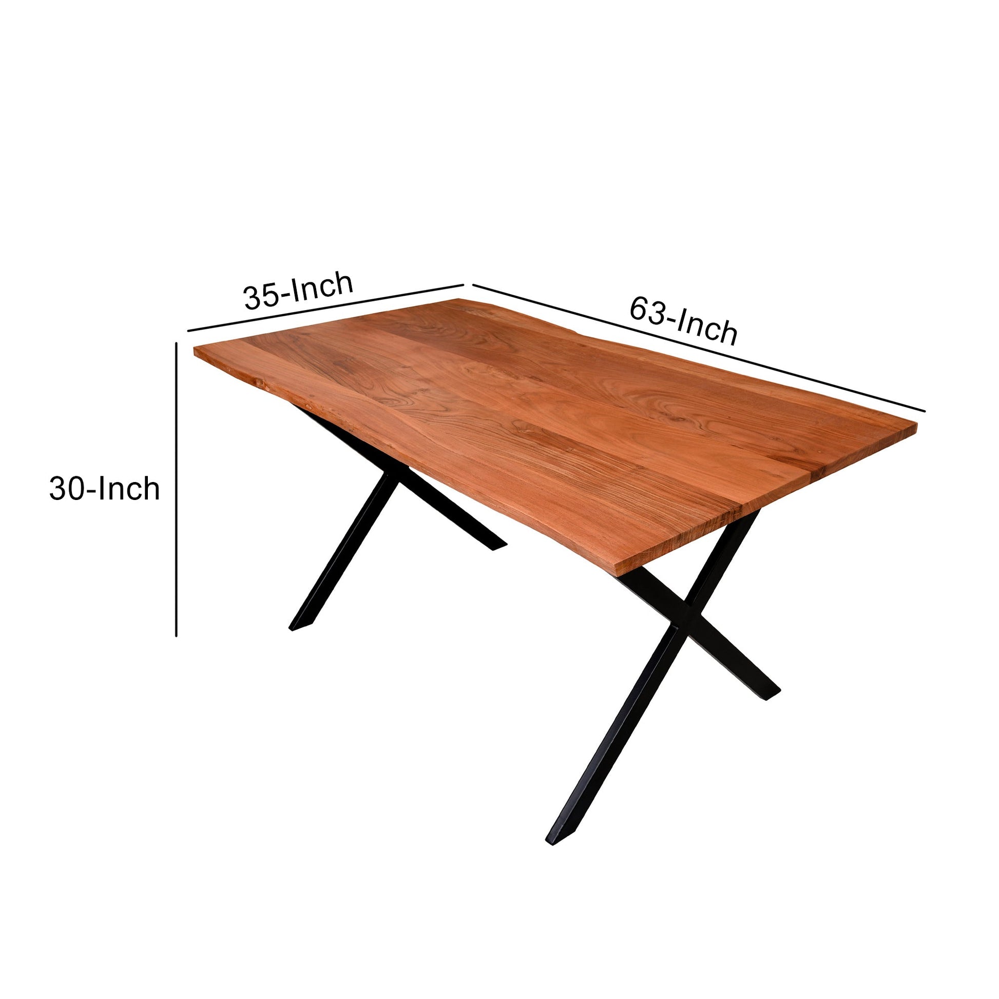 Benzara UPT-231470 Byron 63 Inch Handcrafted Live Edge Acacia Wood Dining Table, X Shaped Metal Legs, Brown and Black