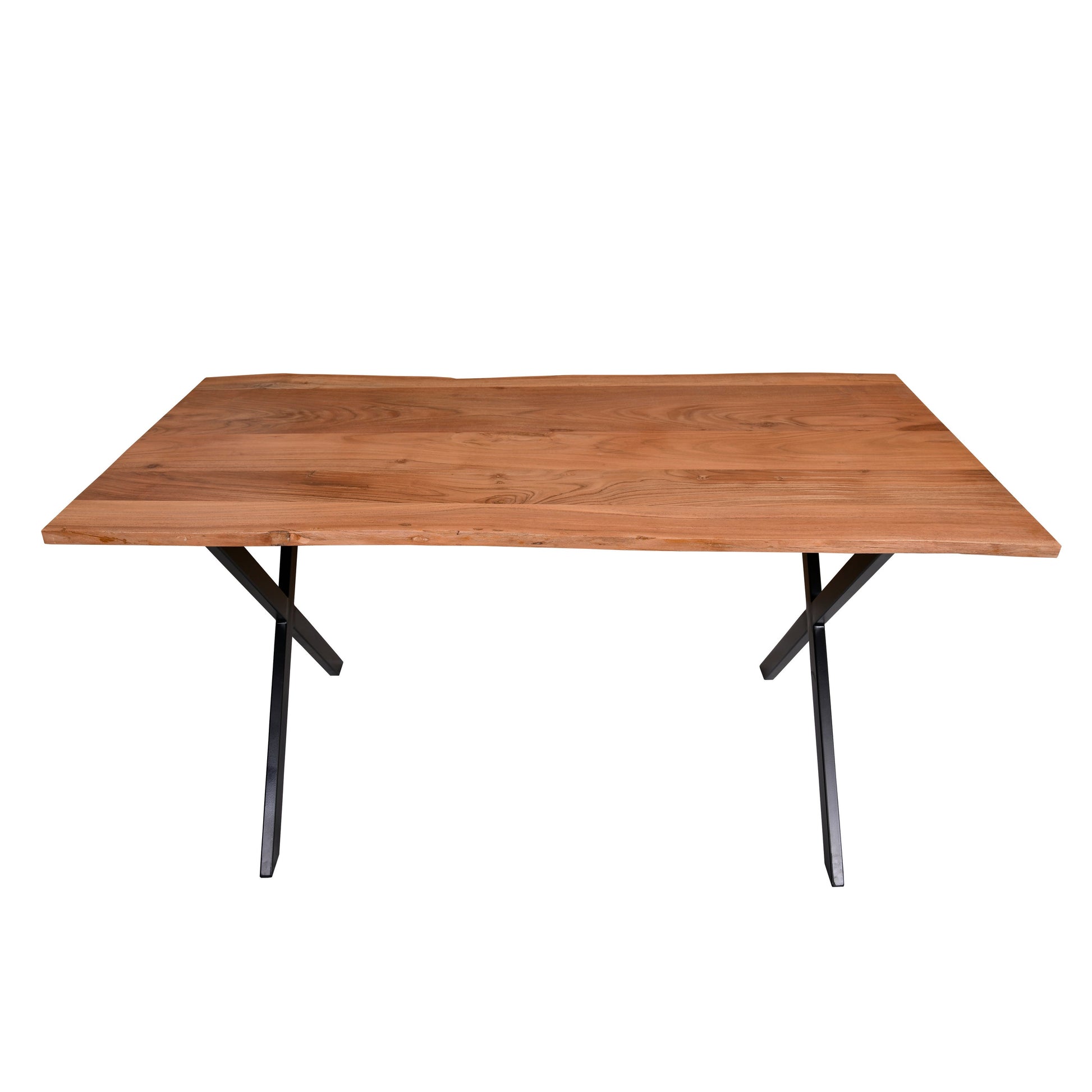 Benzara UPT-231470 Byron 63 Inch Handcrafted Live Edge Acacia Wood Dining Table, X Shaped Metal Legs, Brown and Black