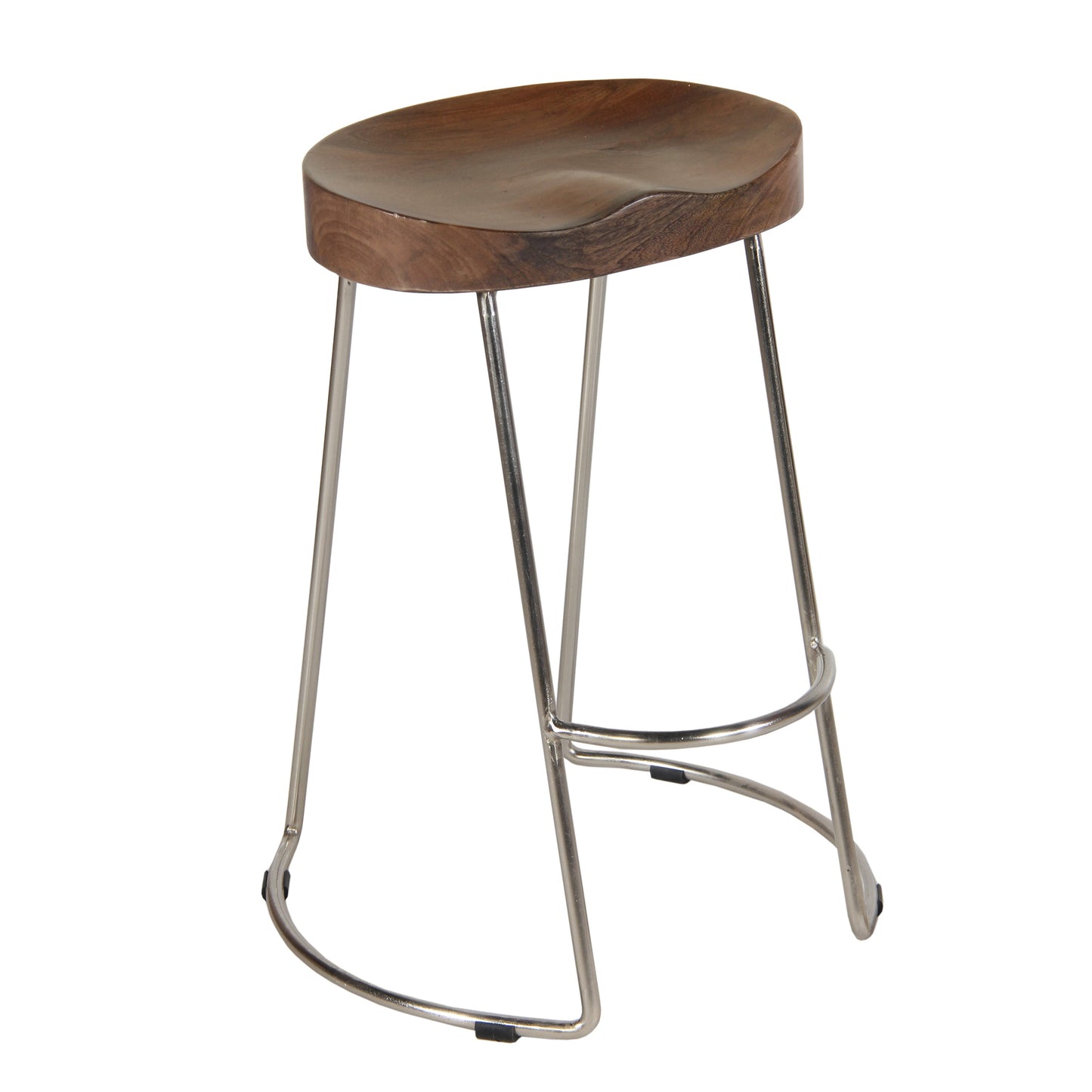 Benzara UPT-263790-2 Ela 24" Walnut Brown and Silver Mango Wood Counter Height Stool with Saddle Seat and Iron, Set of 2