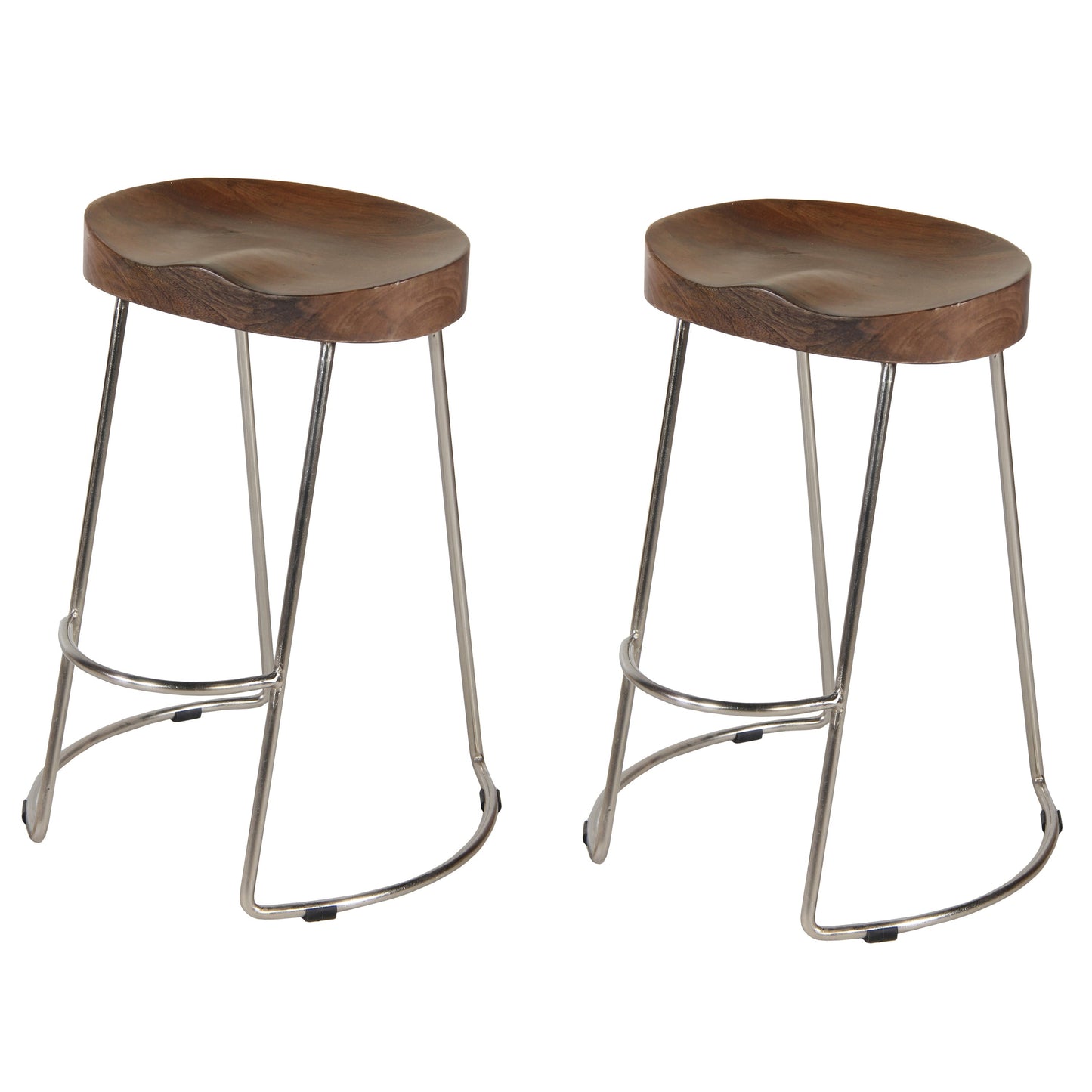 Benzara UPT-263790-2 Ela 24" Walnut Brown and Silver Mango Wood Counter Height Stool with Saddle Seat and Iron, Set of 2