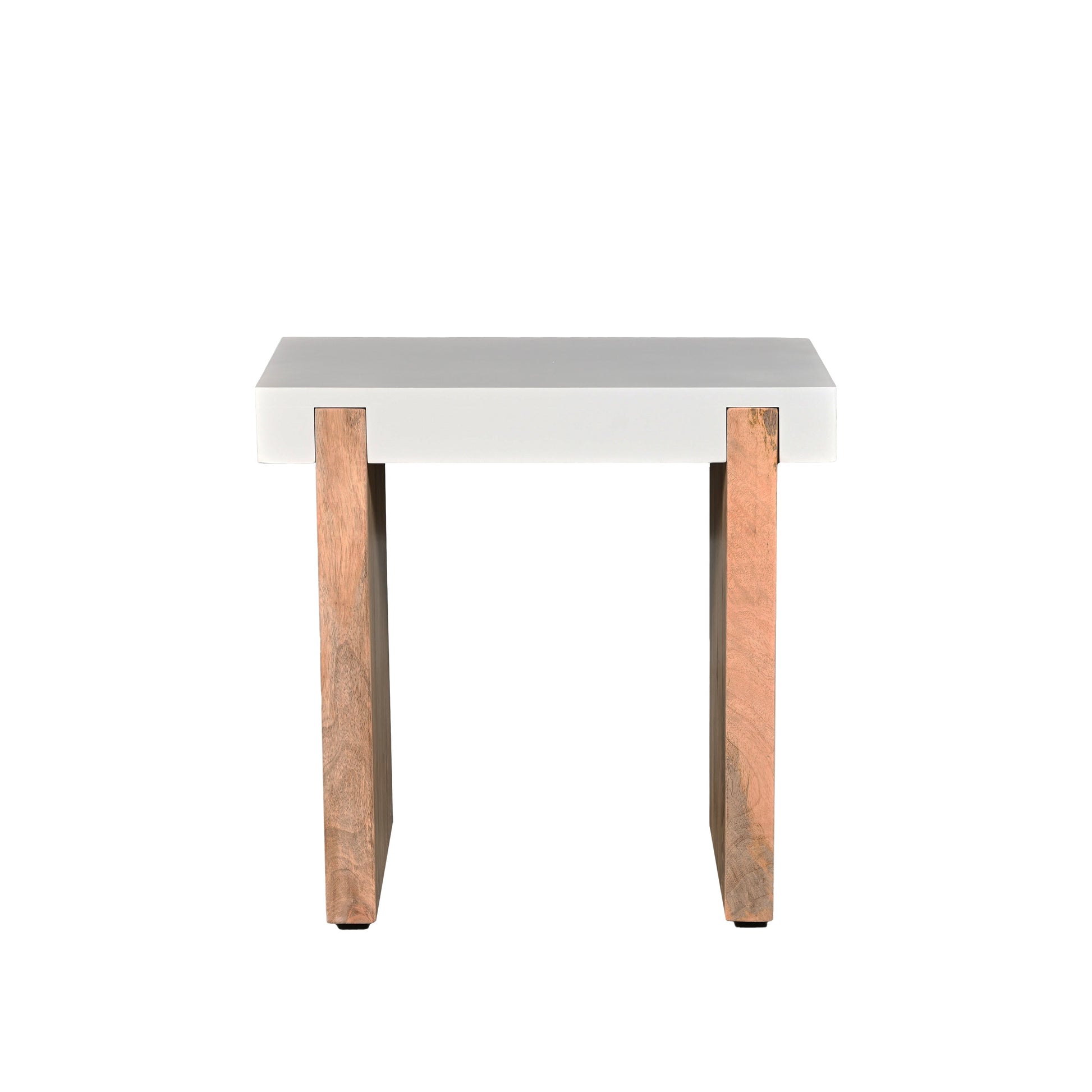 Benzara UPT-276363 Kerry 20" Rectangular End Side Table with Mango Wood and Sled Base in Glossy White and Natural Brown