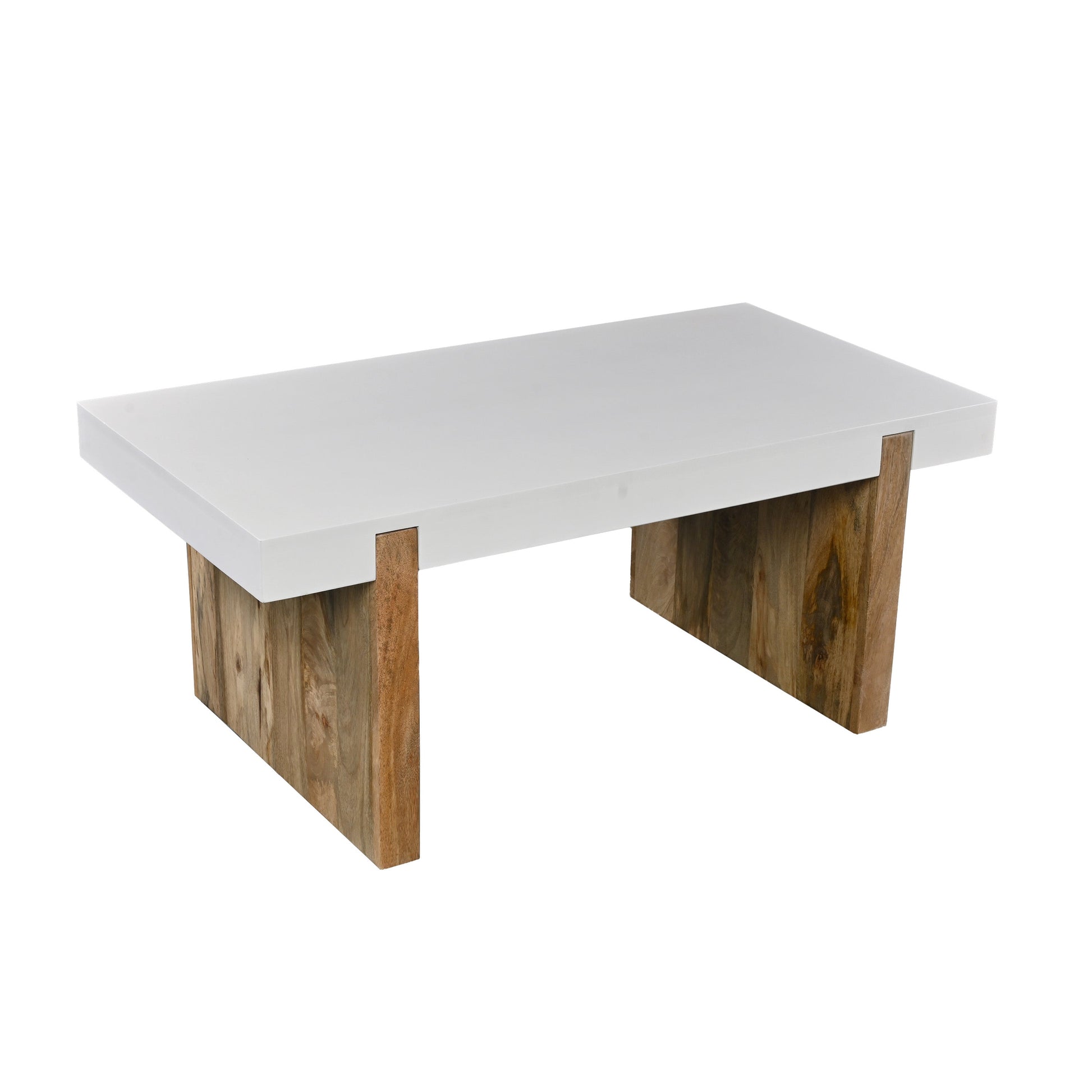 Benzara UPT-276364 Kerry 38" Rectangular Mango Wood Coffee Table with Sled Base in Glossy White and Natural Brown