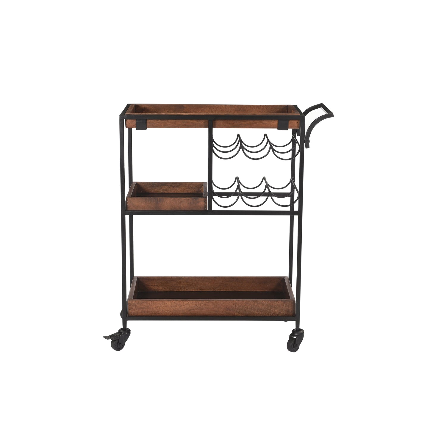 Benzara UPT-276565 30" Brown and Black Handcrafted Mango Wood Bar Serving Cart with Caster Wheels, 6 Bottle Holders, and Tray Shelves