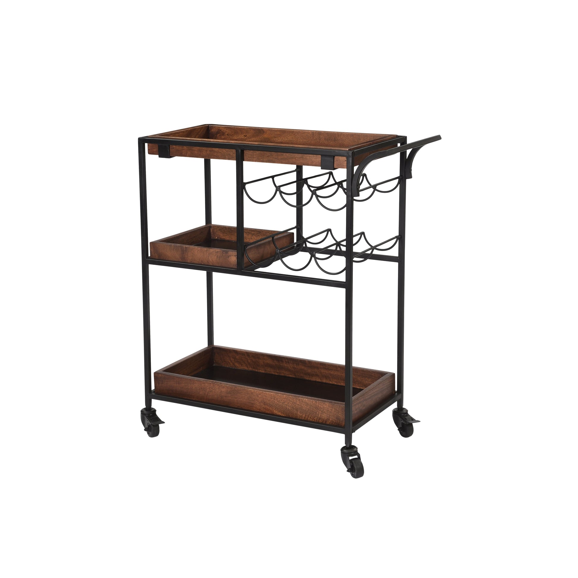 Benzara UPT-276565 30" Brown and Black Handcrafted Mango Wood Bar Serving Cart with Caster Wheels, 6 Bottle Holders, and Tray Shelves