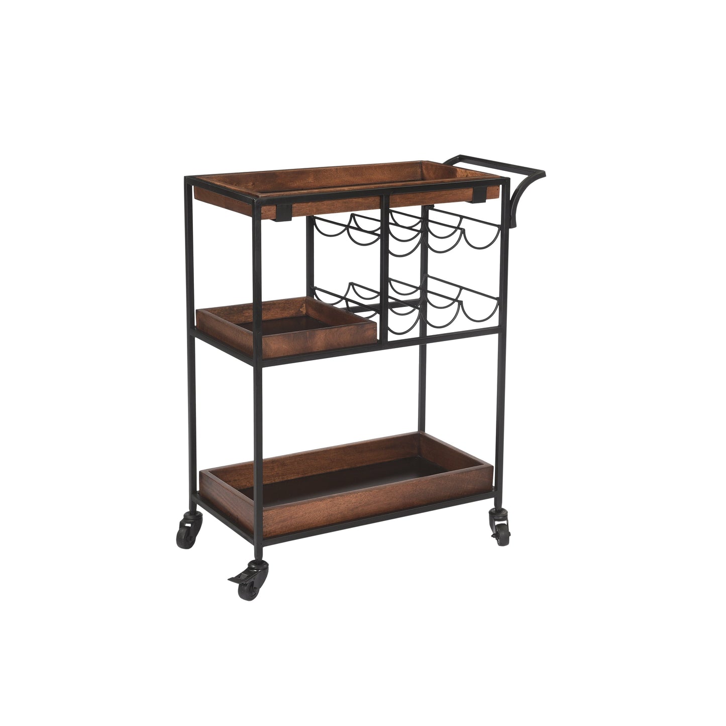 Benzara UPT-276565 30" Brown and Black Handcrafted Mango Wood Bar Serving Cart with Caster Wheels, 6 Bottle Holders, and Tray Shelves