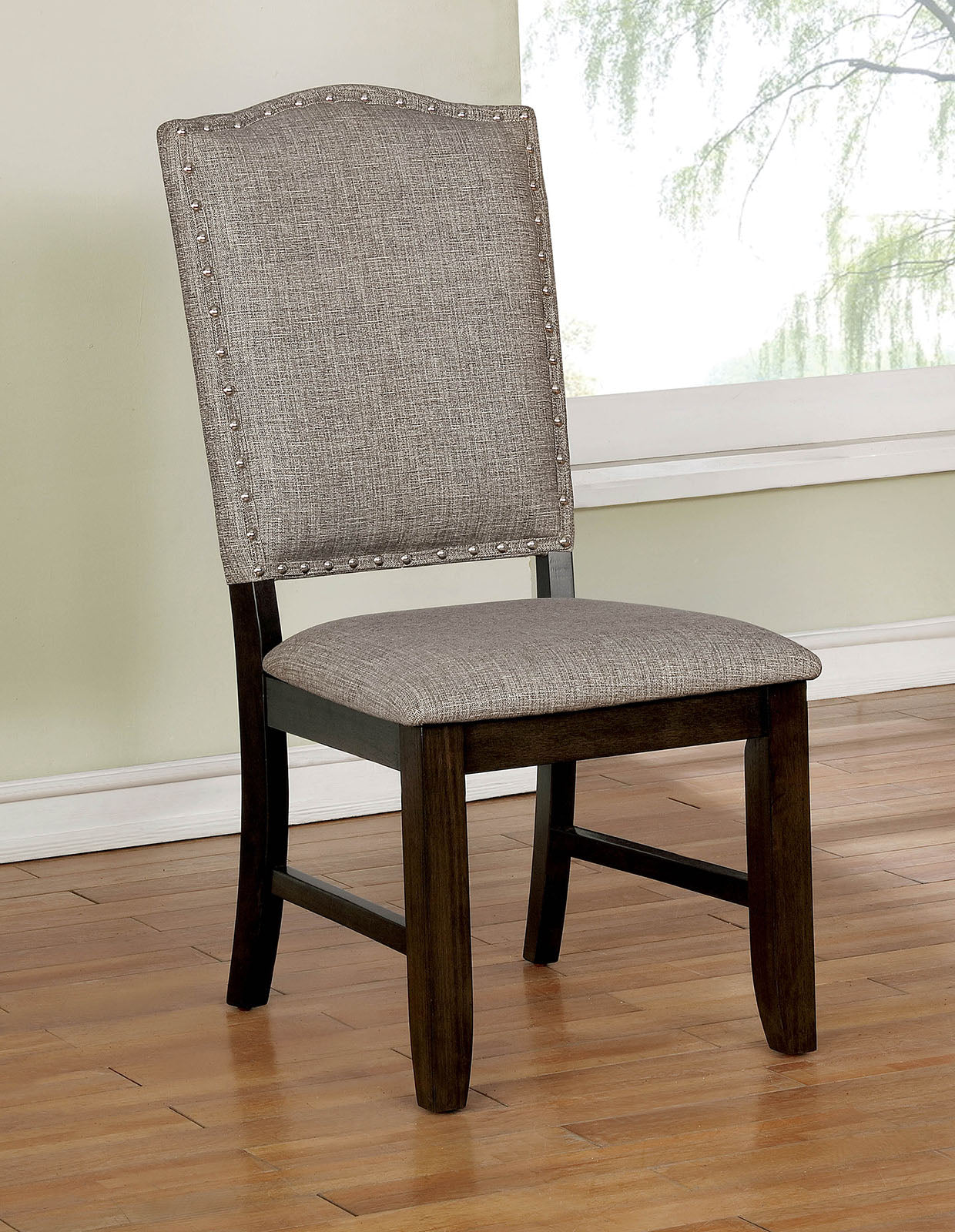 Benzara Walnut Brown Wooden Counter Height Chair With Camelback and Gray Fabric Upholstery Set of Two