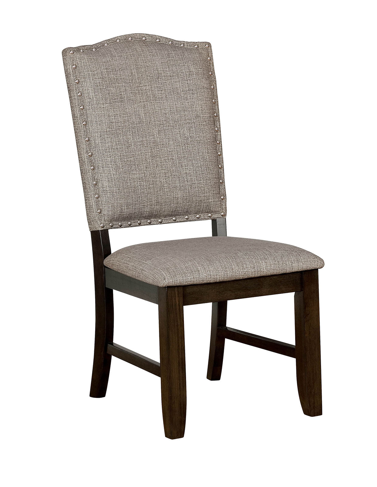 Benzara Walnut Brown Wooden Counter Height Chair With Camelback and Gray Fabric Upholstery Set of Two