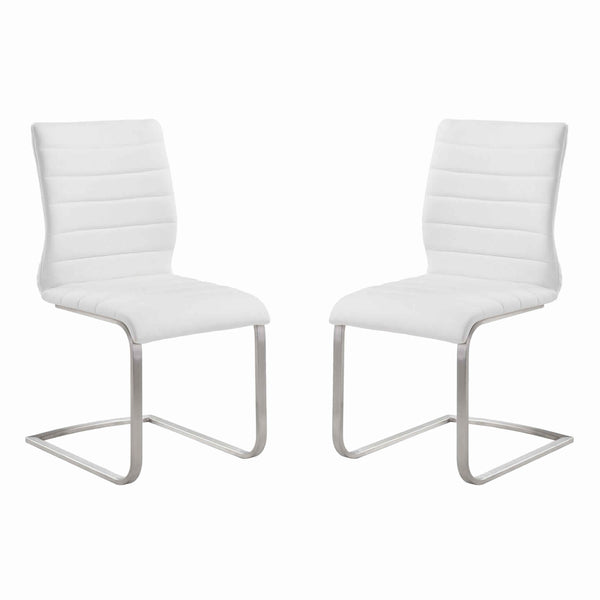 Benzara White Leatherette Dining Chair With Silver Cantilever Base Set of Two