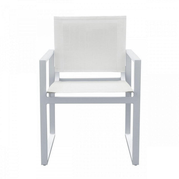 Benzara White Metal Outdoor Dining Chair With Open Arms And Sled Base Set of Two