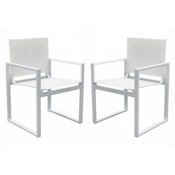 Benzara White Metal Outdoor Dining Chair With Open Arms And Sled Base Set of Two