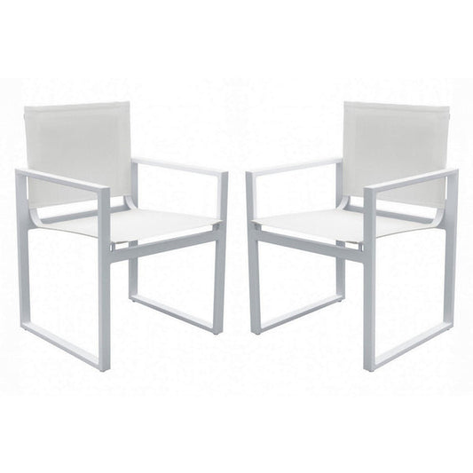 Benzara White Metal Outdoor Dining Chair With Open Arms And Sled Base Set of Two