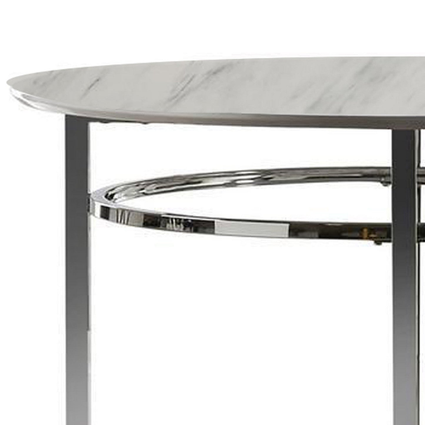 Benzara White and Chrome Contemporary Round Dining Table With Faux Marble Top