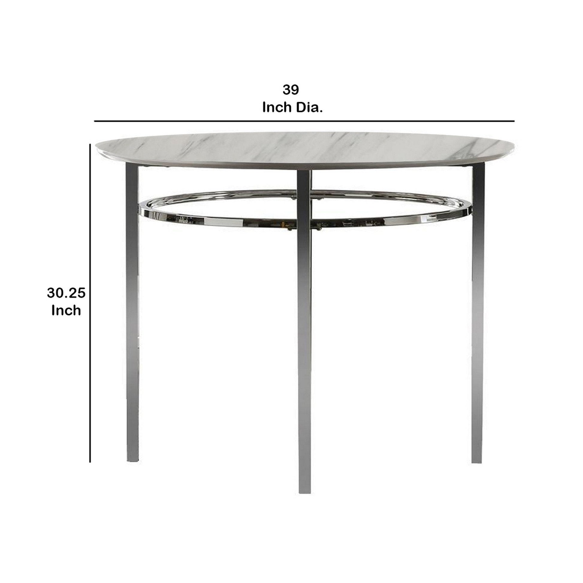 Benzara White and Chrome Contemporary Round Dining Table With Faux Marble Top