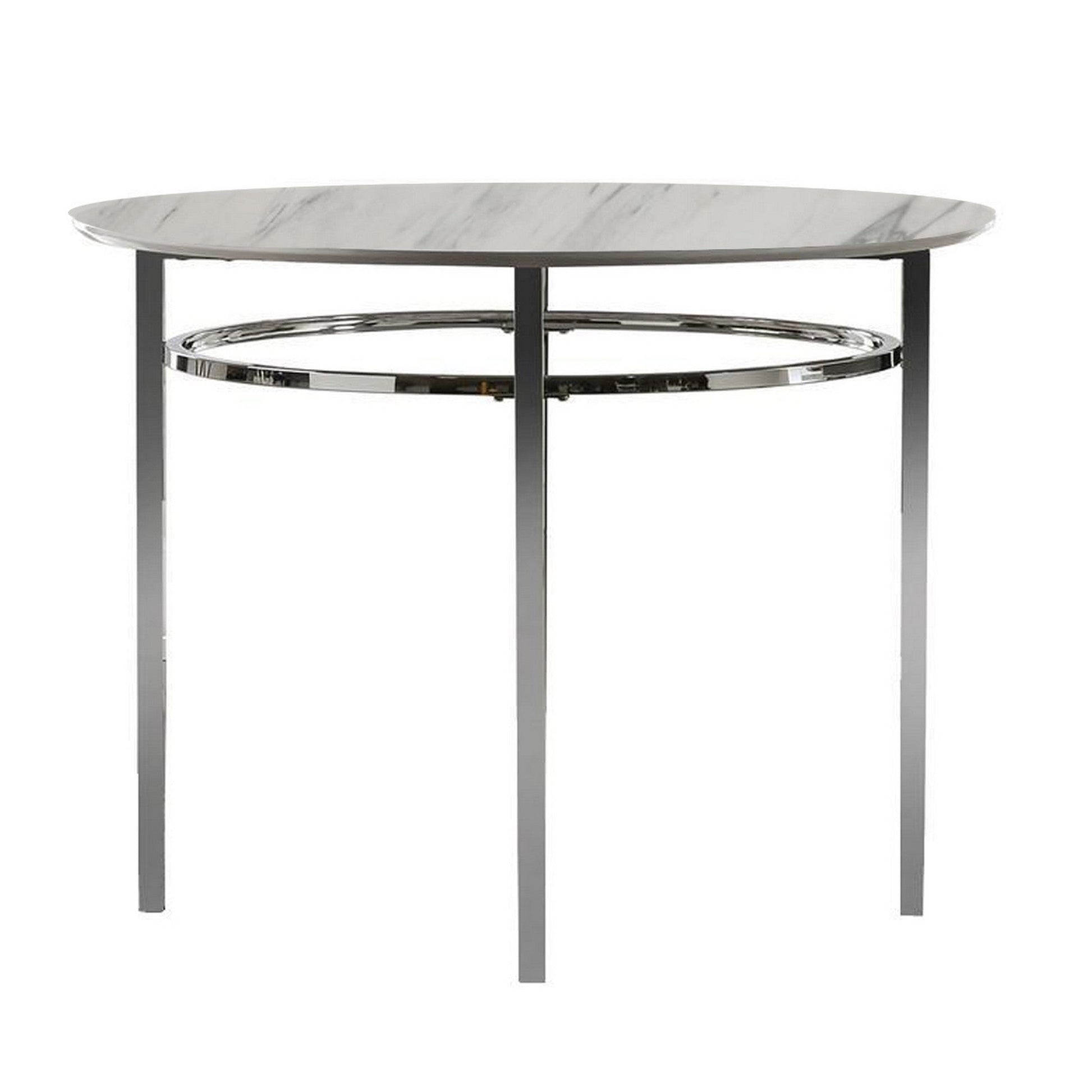 Benzara White and Chrome Contemporary Round Dining Table With Faux Marble Top