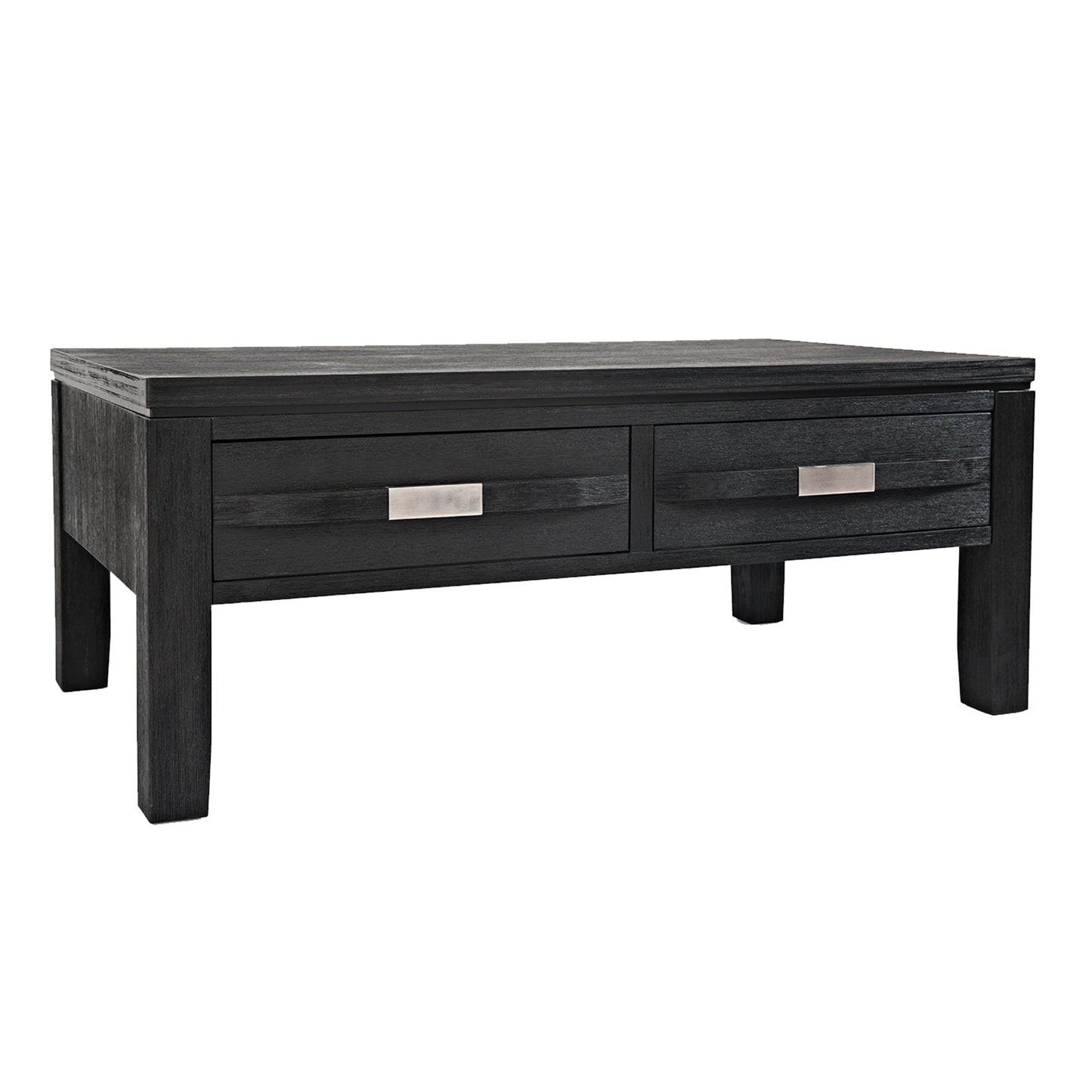 Benzara Wooden Cocktail Table With 2 Drawers and Metal Accented Pull, Dark Gray