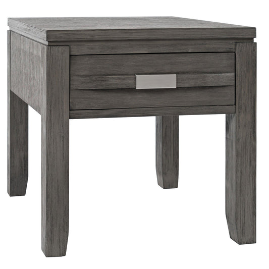 Benzara Wooden End Table With Single Drawer and Metal Pulls, Light Gray