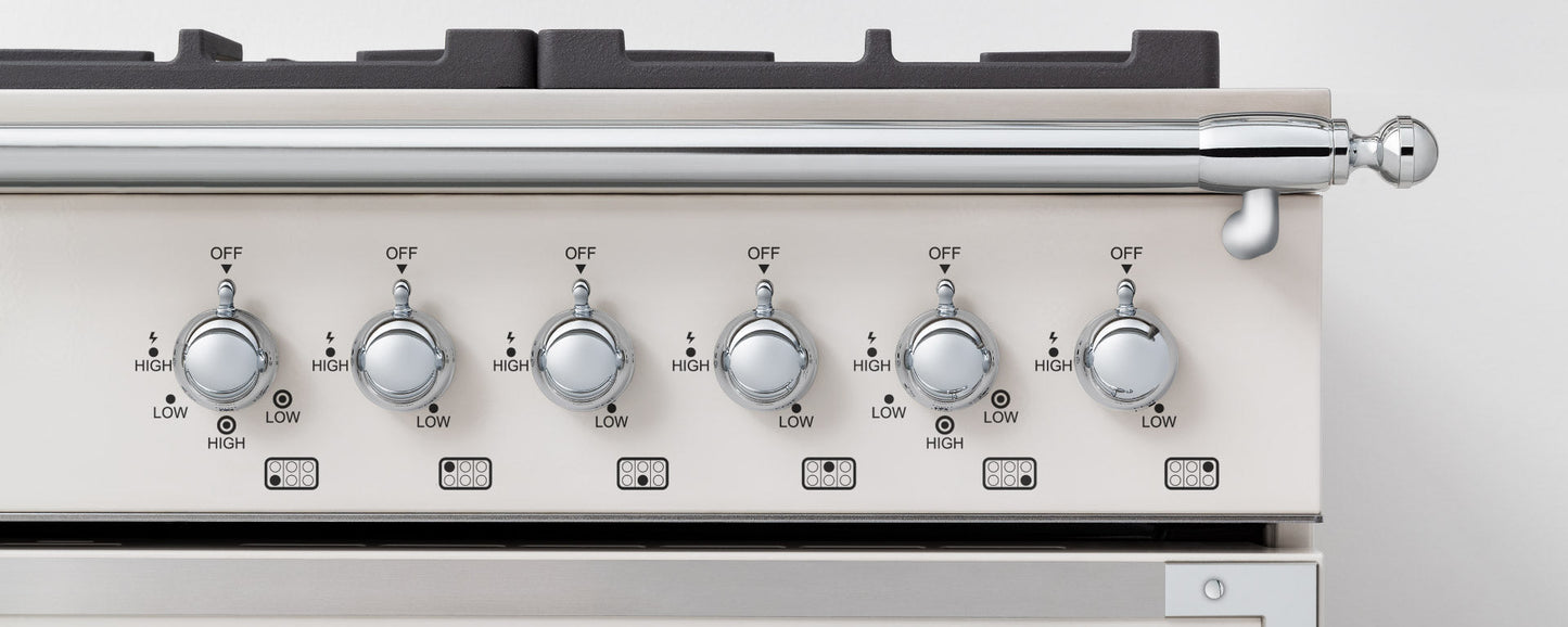 Bertazzoni Heritage Series 36" 6 Brass Burners Avorio Propane Gas Range With 5.7 Cu.Ft. Electric Self-Clean Double Oven and Cast Iron Griddle