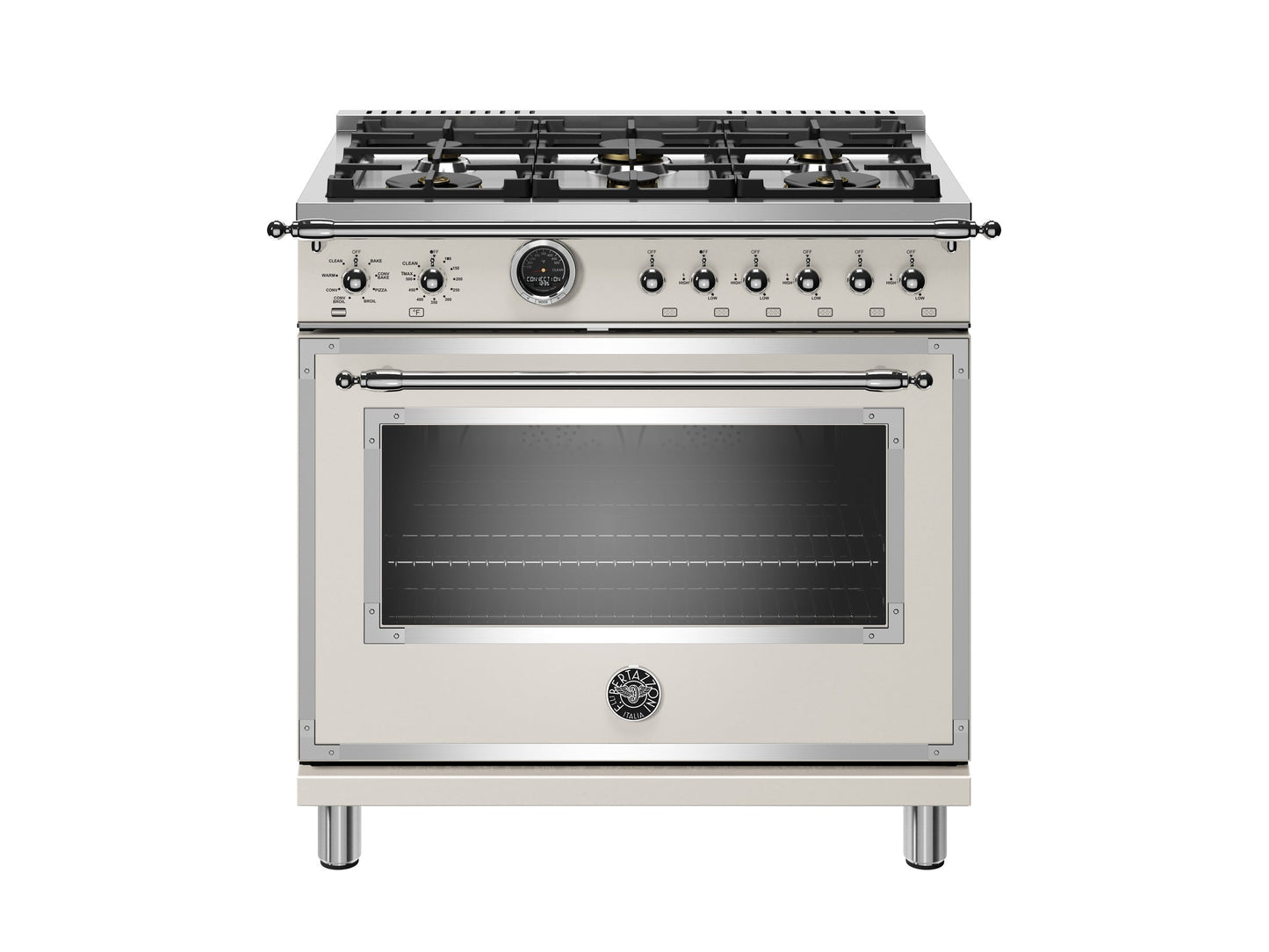 Bertazzoni Heritage Series 36" 6 Brass Burners Avorio Propane Gas Range With 5.7 Cu.Ft. Electric Self-Clean Double Oven