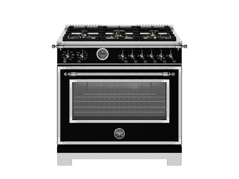 Bertazzoni Heritage Series 36" 6 Brass Burners Nero Matt Dual Fuel Range With 5.7 Cu.Ft. Electric Self-Clean Double Oven and Cast Iron Griddle