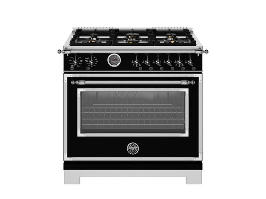 Bertazzoni Heritage Series 36" 6 Brass Burners Nero Matt Dual Fuel Range With 5.7 Cu.Ft. Electric Self-Clean Double Oven and Cast Iron Griddle