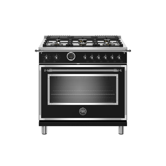 Bertazzoni Heritage Series 36" 6 Brass Burners Nero Matt Dual Fuel Range With 5.7 Cu.Ft. Electric Self-Clean Double Oven