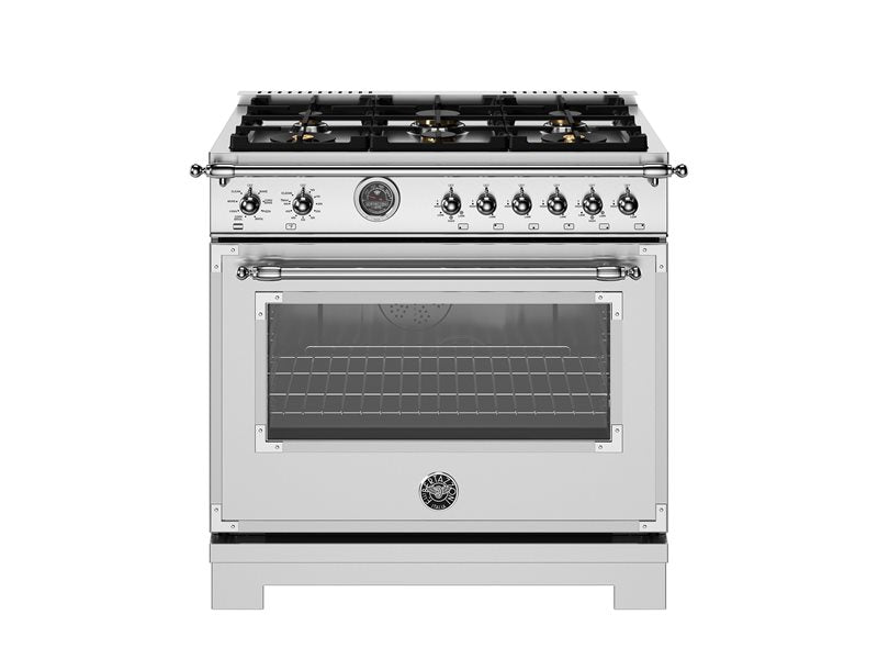 Bertazzoni Heritage Series 36" 6 Brass Burners Stainless Steel Dual Fuel Range With 5.7 Cu.Ft. Electric Self-Clean Double Oven and Cast Iron Griddle