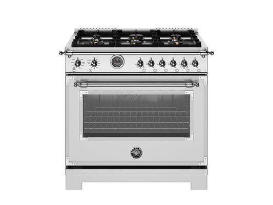 Bertazzoni Heritage Series 36" 6 Brass Burners Stainless Steel Dual Fuel Range With 5.7 Cu.Ft. Electric Self-Clean Double Oven and Cast Iron Griddle