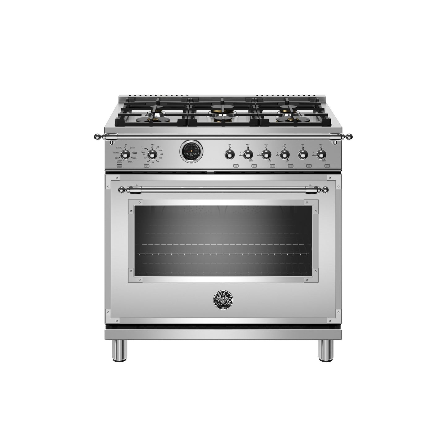 Bertazzoni Heritage Series 36" 6 Brass Burners Stainless Steel Dual Fuel Range With 5.7 Cu.Ft. Electric Self-Clean Double Oven