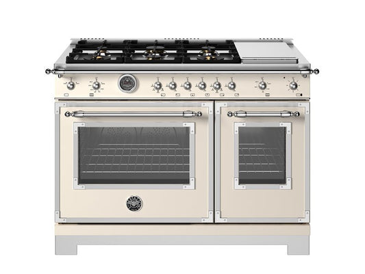 Bertazzoni Heritage Series 48" 6 Brass Burners Avorio All Gas Range With 7.1 Cu.Ft. Double Gas Oven and Electric Griddle