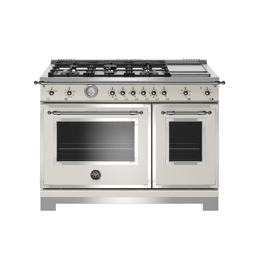 Bertazzoni Heritage Series 48" 6 Brass Burners Avorio All Gas Range With 7.1 Cu.Ft. Double Oven and Electric Griddle
