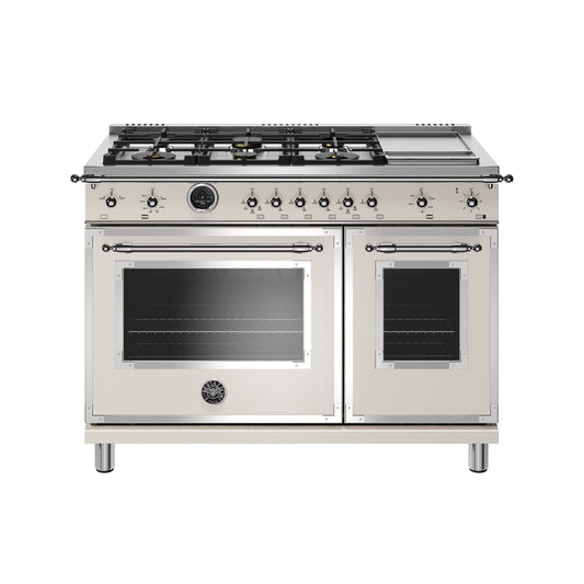 Bertazzoni Heritage Series 48" 6 Brass Burners Avorio Dual Fuel Range With 7 Cu.Ft. Electric Self-Clean Double Oven and Griddle