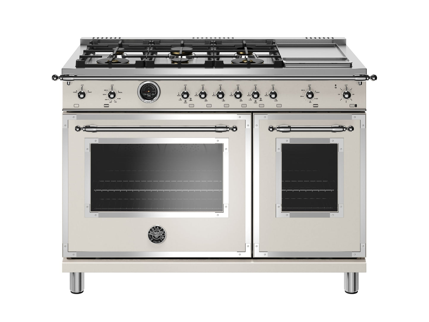 Bertazzoni Heritage Series 48" 6 Brass Burners Avorio Propane Gas Range With 7 Cu.Ft. Electric Self-Clean Double Oven and Griddle