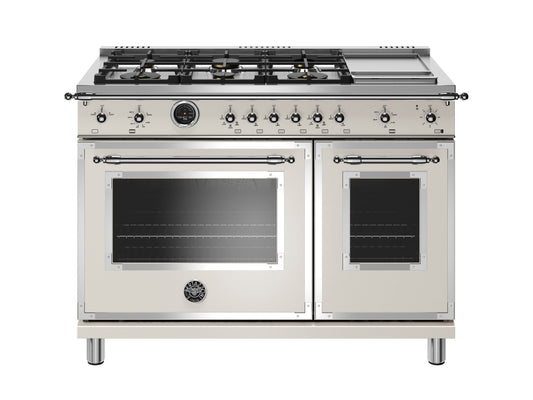 Bertazzoni Heritage Series 48" 6 Brass Burners Avorio Dual Fuel Range With 7 Cu.Ft. Electric Self-Clean Double Oven and Griddle