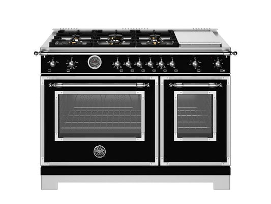 Bertazzoni Heritage Series 48" 6 Brass Burners Nero Matt All Gas Range With 7.1 Cu.Ft. Double Gas Oven and Electric Griddle