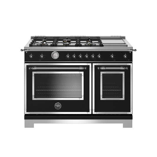 Bertazzoni Heritage Series 48" 6 Brass Burners Nero Matt All Gas Range With 7.1 Cu.Ft. Double Oven and Electric Griddle