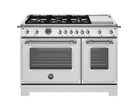 Bertazzoni Heritage Series 48" 6 Brass Burners Stainless Steel All Gas Range With 7.1 Cu.Ft. Double Gas Oven and Electric Griddle